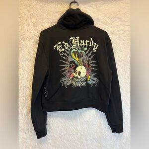 Ed Hardy Black Skull Snake Graphic Cropped Zip Up Hoodie | NWT | Size Large | 🐍💀